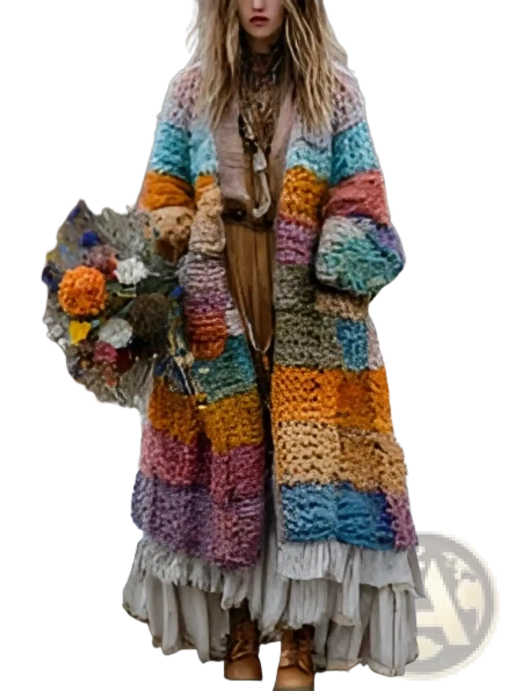 Rainbow hooded patchwork coat long hand-knitted with vibrant rainbow stripes and fringe hem