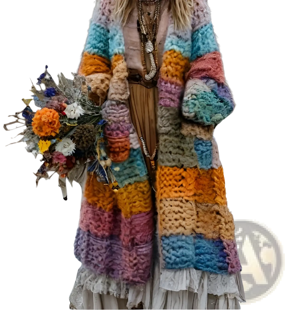 A vibrant rainbow hooded patchwork coat with chunky-knit pastel and earth-toned horizontal stripes in bohemian style