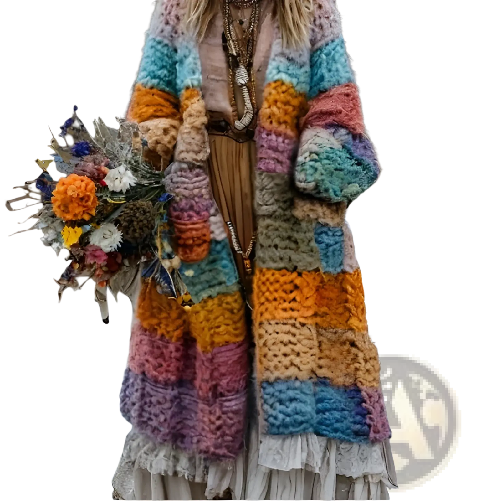 A vibrant rainbow hooded patchwork coat with chunky-knit pastel and earth-toned horizontal stripes in bohemian style