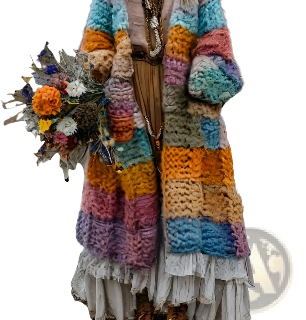 A vibrant hand-knitted rainbow hooded patchwork coat featuring teal orange pink and purple colors