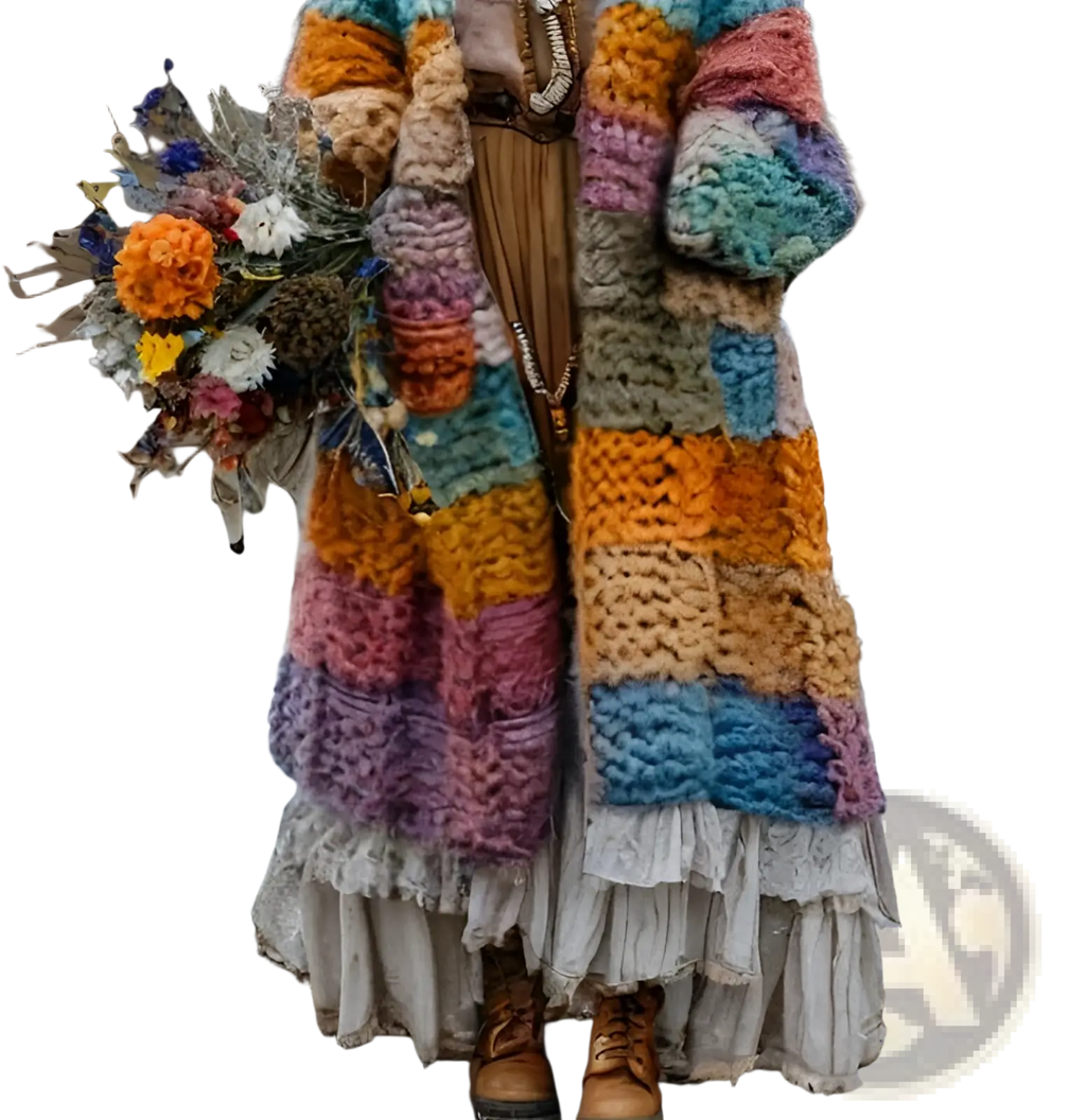 A vibrant rainbow hooded patchwork coat in chunky knit yarn with bold orange pink purple blue and teal stripes