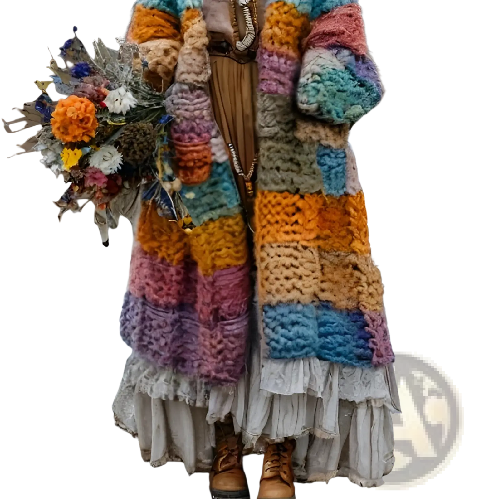 A vibrant rainbow hooded patchwork coat in chunky knit yarn with bold orange pink purple blue and teal stripes