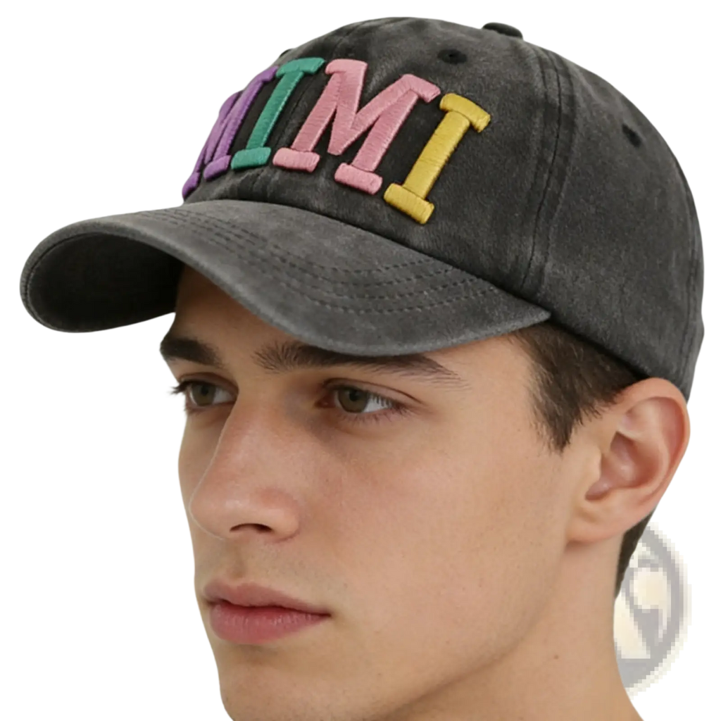 A dark gray distressed baseball cap with colorful embroidered miami lettering from the rainbow mimi collection