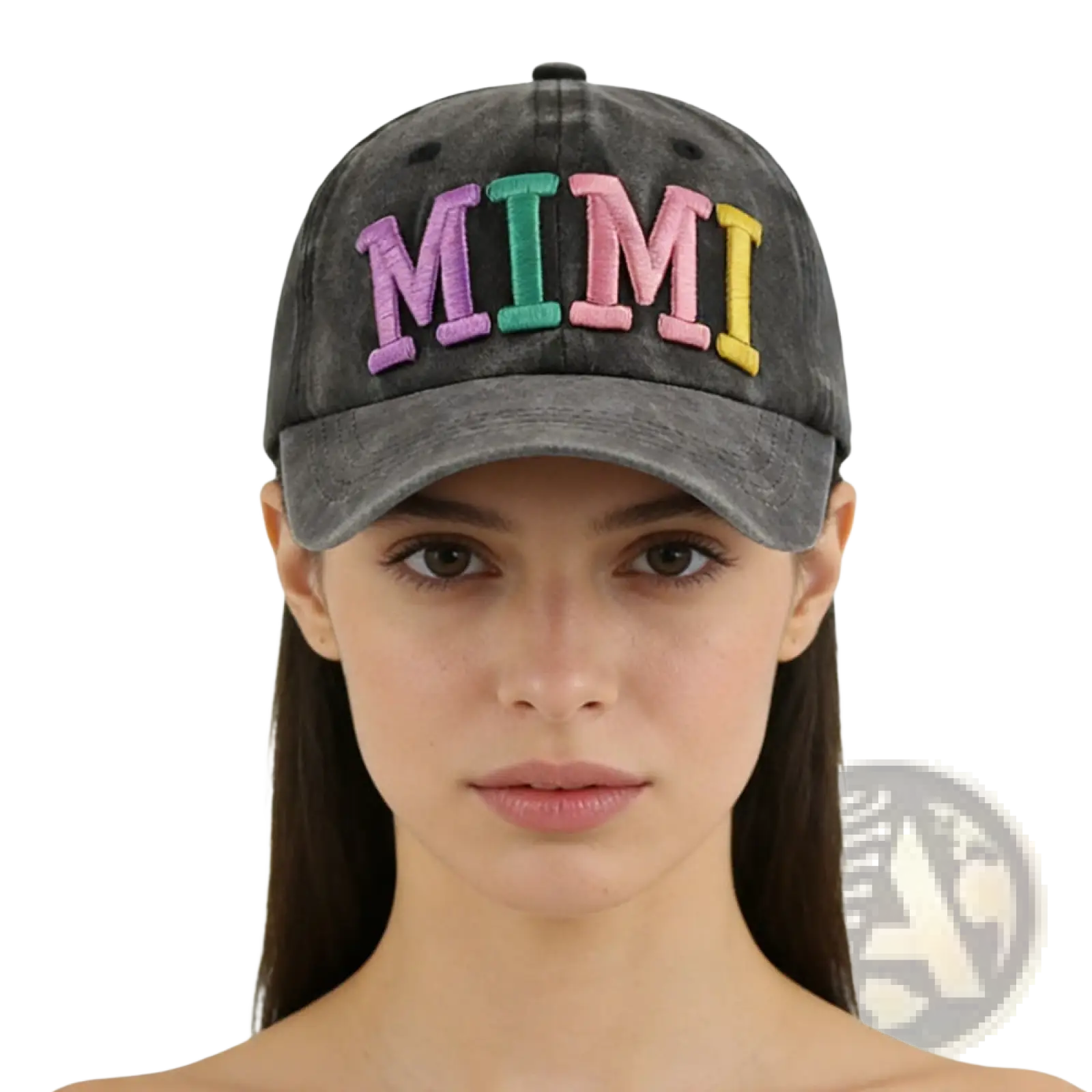 A faded gray baseball cap with mimi embroidered in colorful rainbow-striped letters on the front