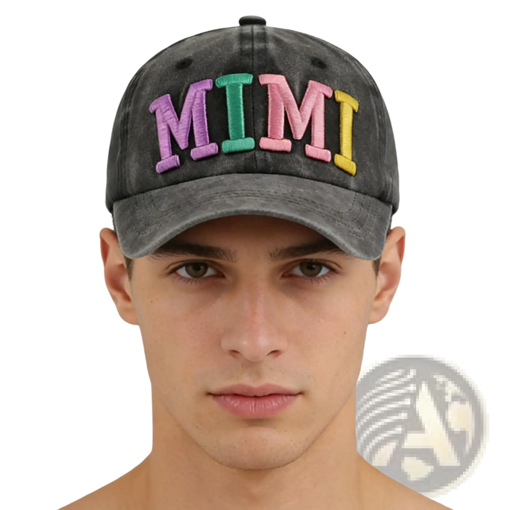 A faded black baseball cap with colorful rainbow striped mimi embroidery on the front panel