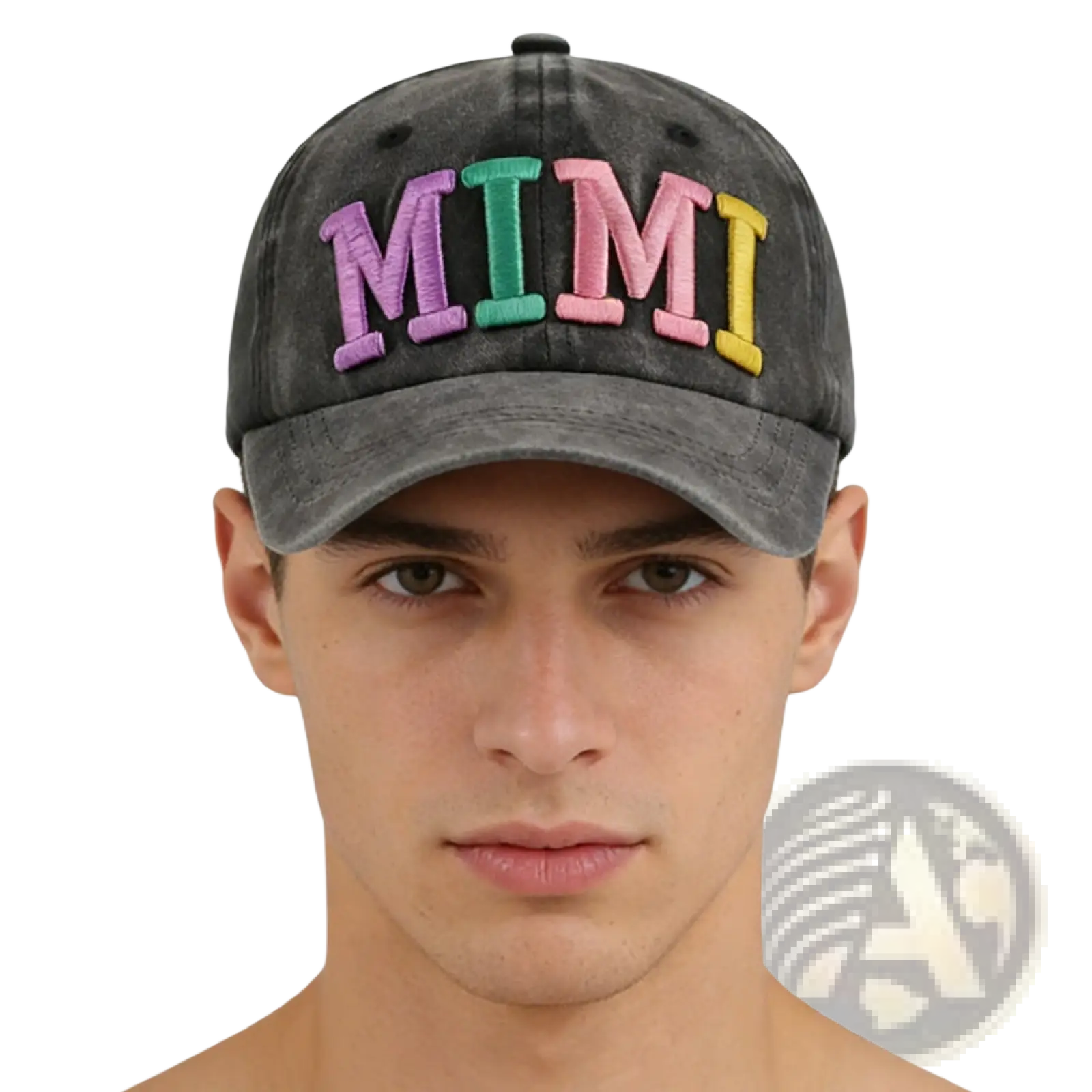 A faded black baseball cap with colorful rainbow striped mimi embroidery on the front panel