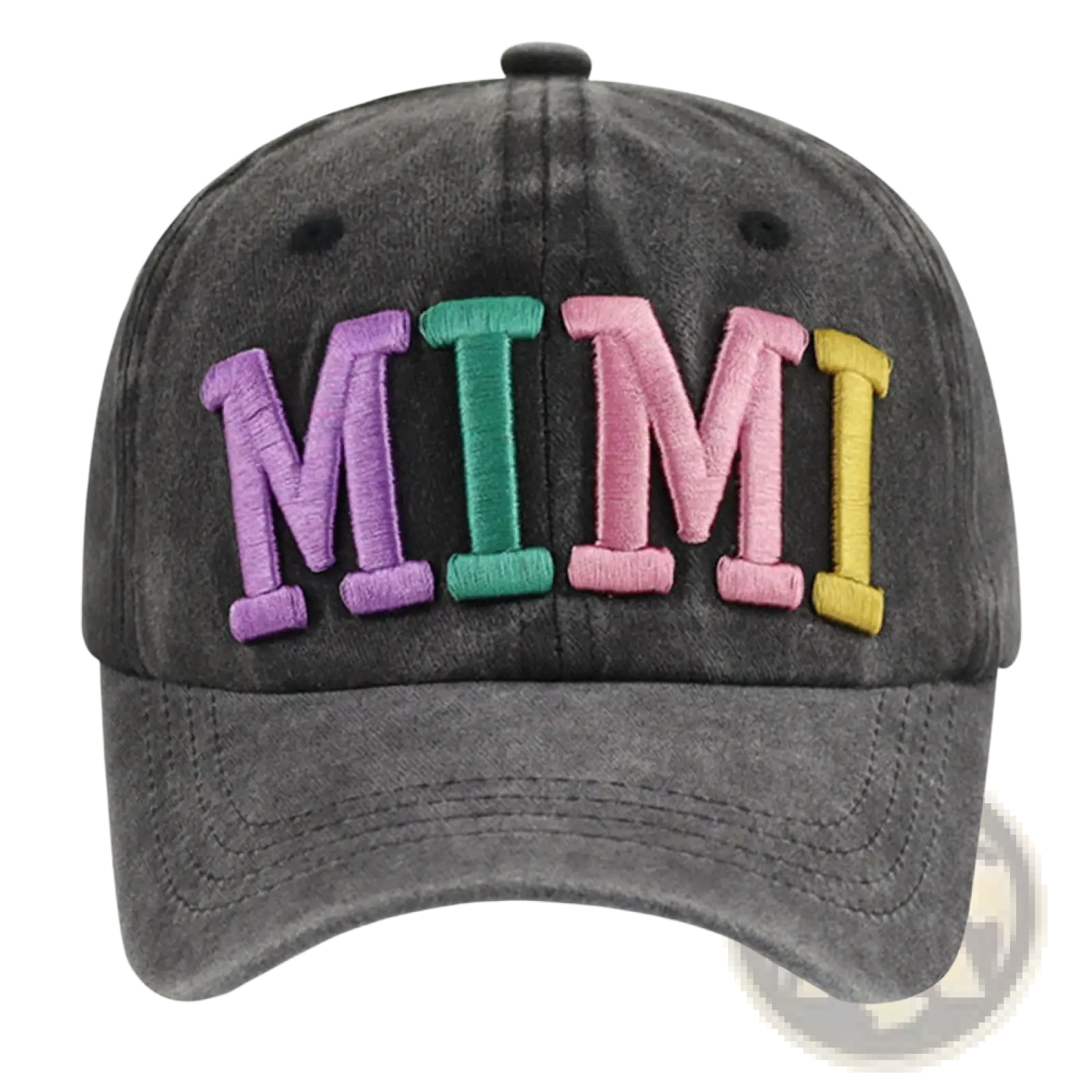 A faded black baseball cap with rainbow colorful mimi embroidered letters in purple green pink and yellow