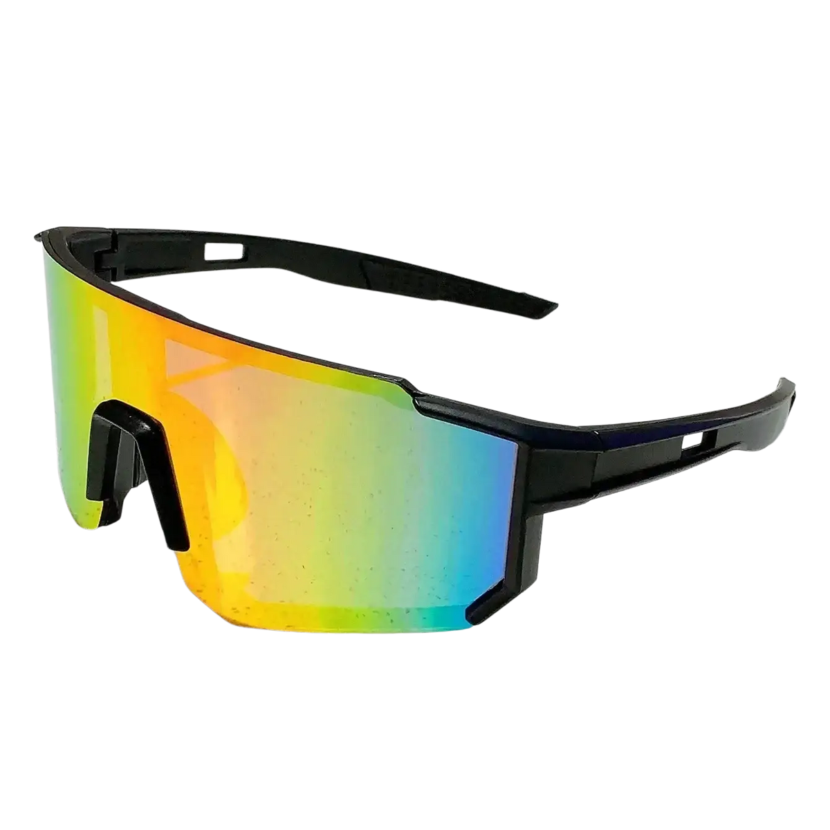 Black-framed sports sunglasses with vibrant green to orange and blue gradient lenses for outdoor activities