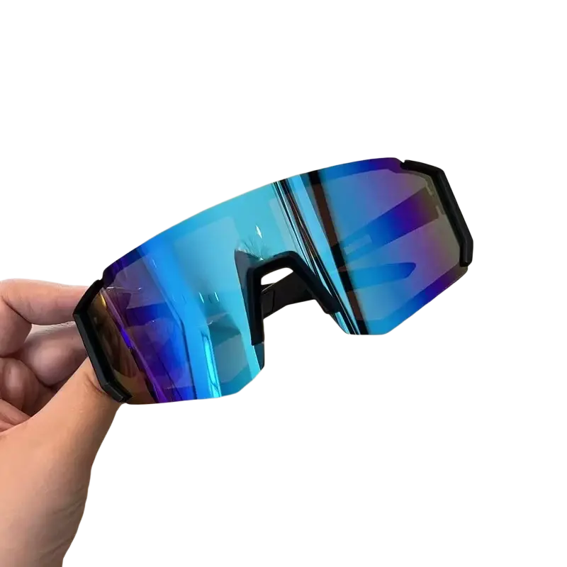 Rainbow mirror sport sunglasses with black frames and blue purple gradient mirrored lenses for cycling use