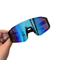 Rainbow mirror sport sunglasses with black frames and blue purple gradient mirrored lenses for cycling use