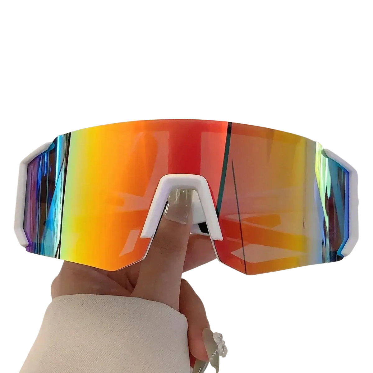 White framed sport sunglasses with vibrant iridescent rainbow mirror lens shifting from orange to blue and yellow