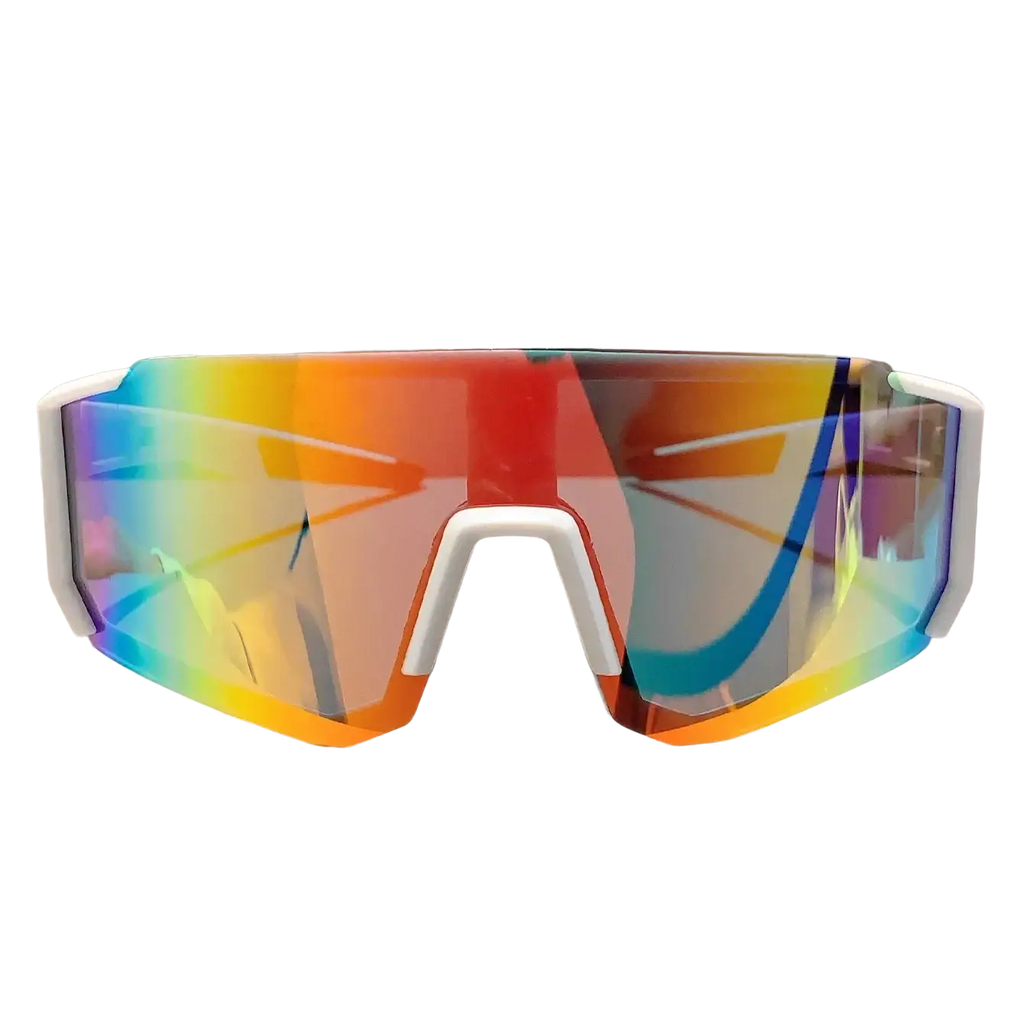 Rainbow mirror sport sunglasses with white frames and vibrant iridescent rainbow-tinted lenses reflecting colors