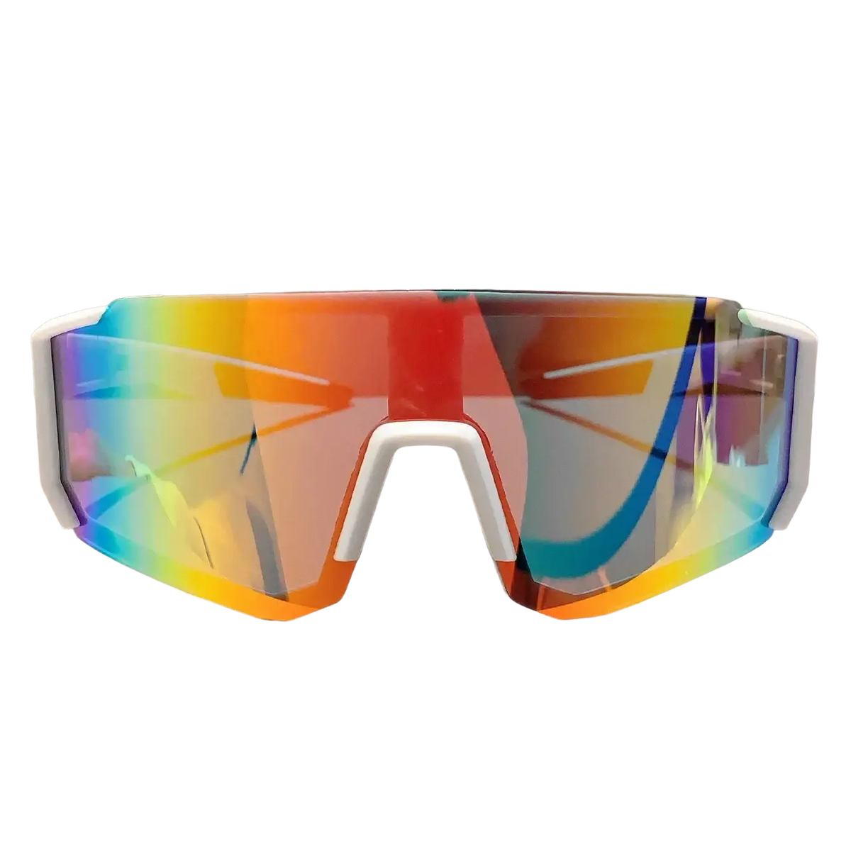 Rainbow mirror sport sunglasses with white frames and vibrant iridescent rainbow-tinted lenses reflecting colors