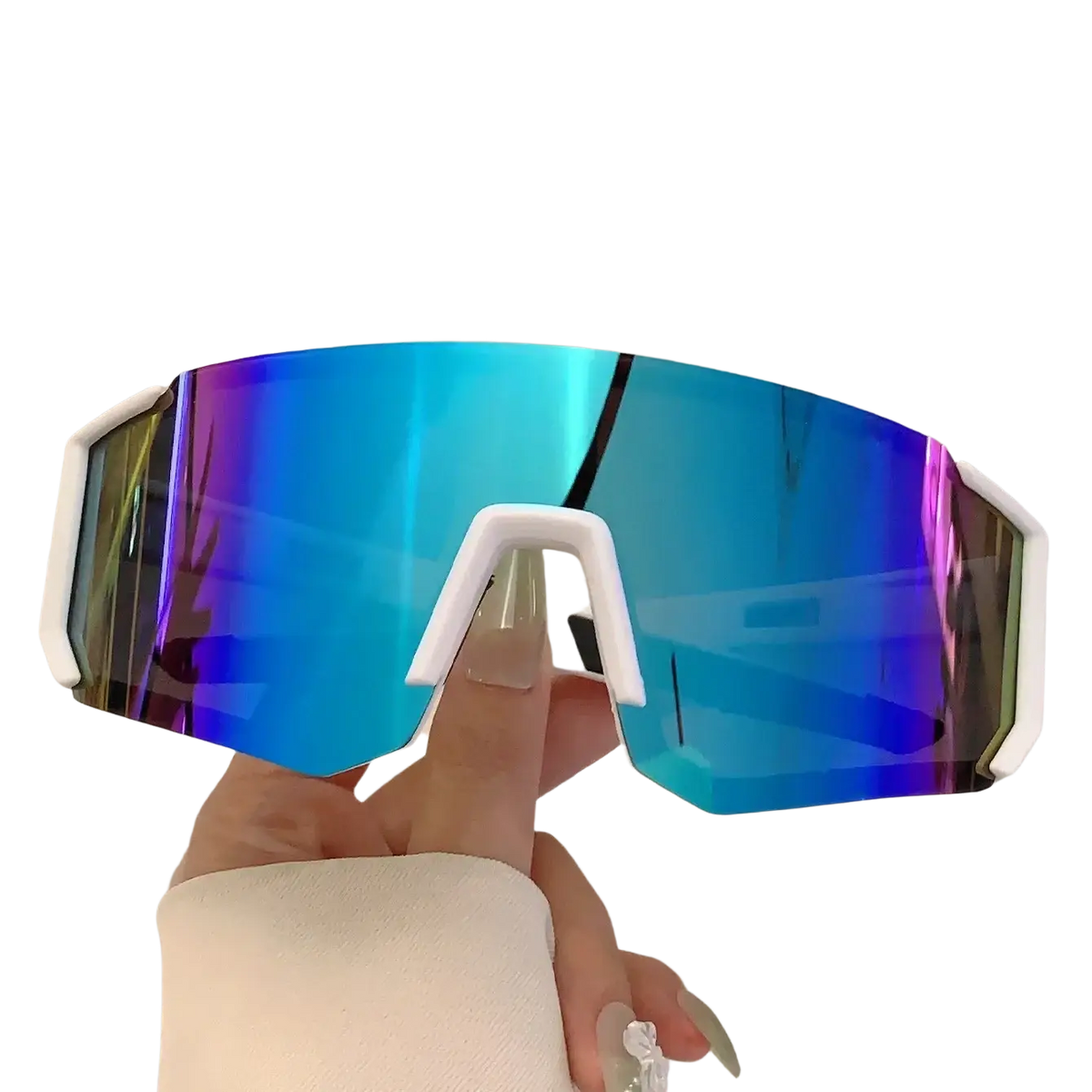 White-framed rainbow mirror sport sunglasses with wide curved lens and vibrant blue purple reflective coating