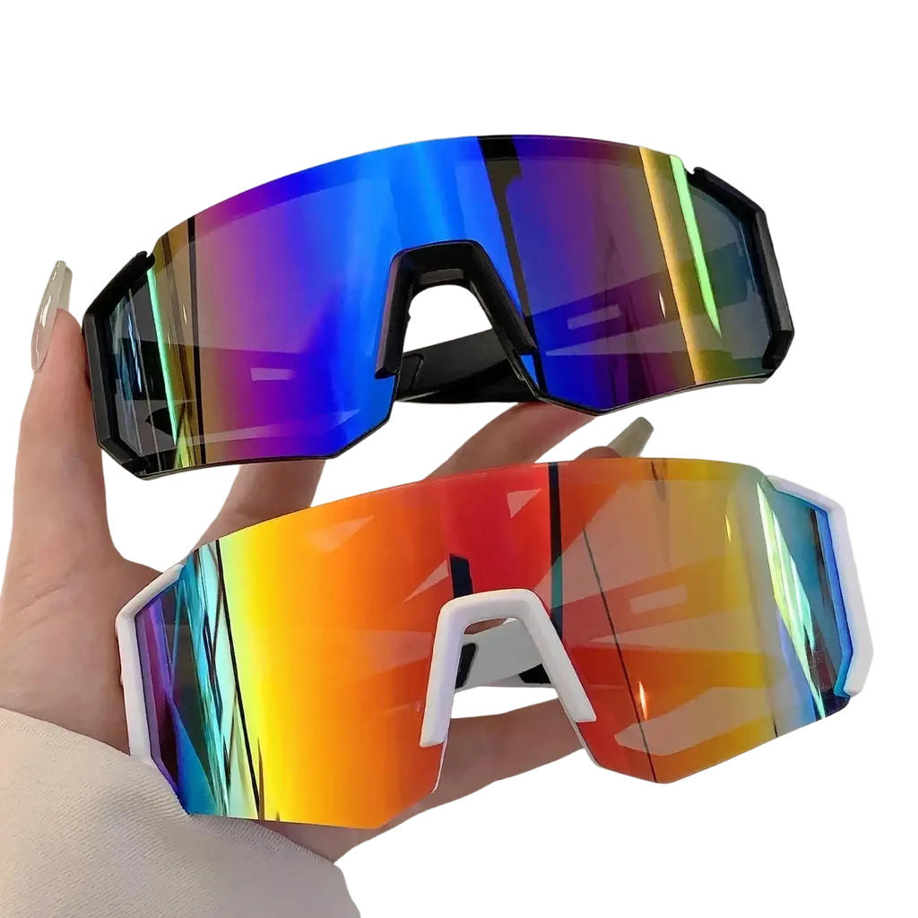 A pair of rainbow mirror sport sunglasses with white wraparound frames and iridescent gradient lenses