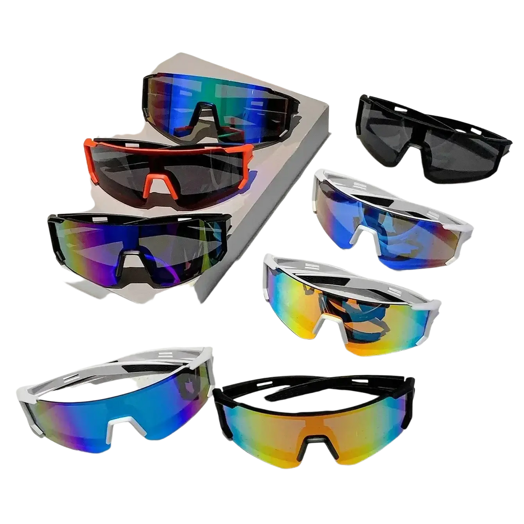 Rainbow mirror sport sunglasses with vibrant iridescent lenses and sleek black white and orange frames for active use