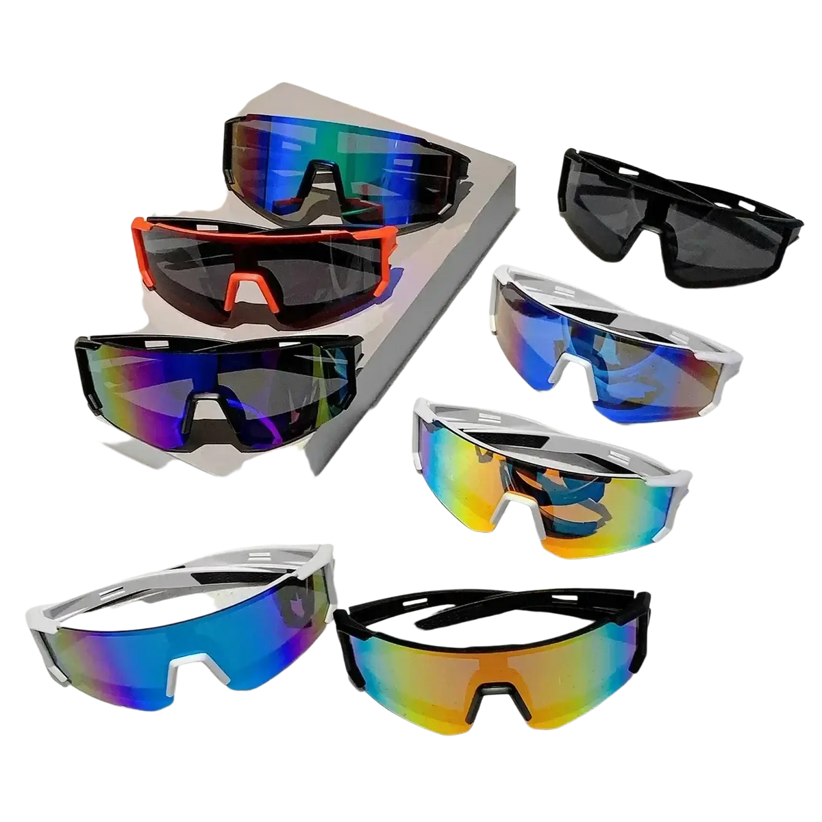 Rainbow mirror sport sunglasses with vibrant iridescent lenses and sleek black white and orange frames for active use