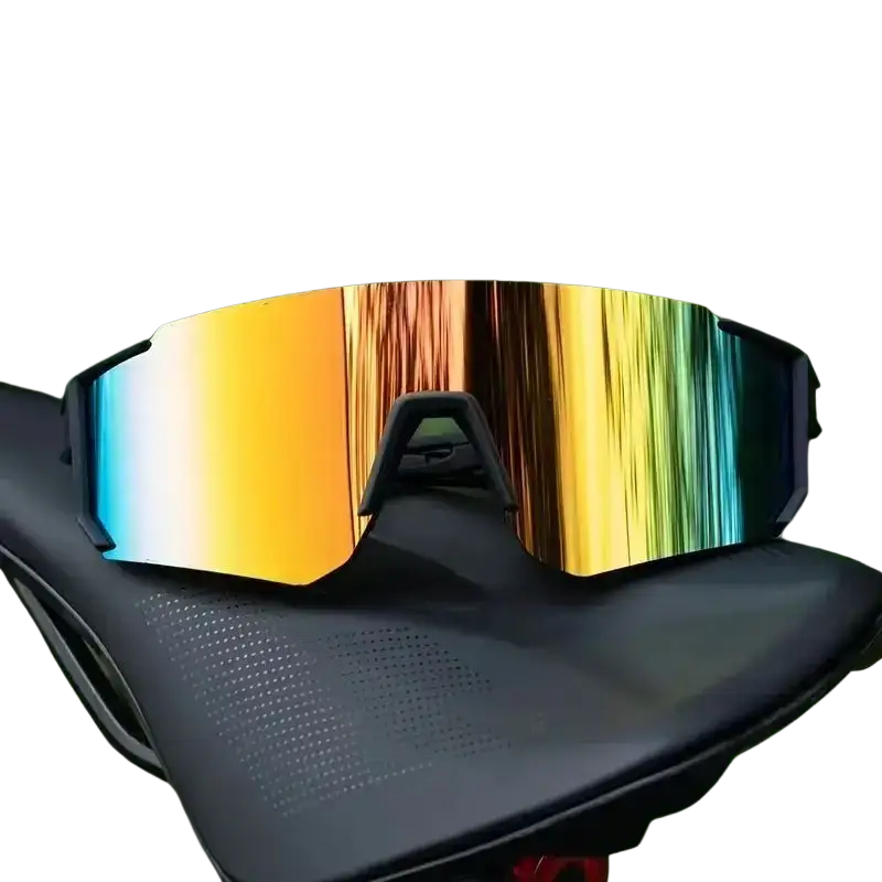 Rainbow mirror sport sunglasses with vibrant gradient mirrored lenses and sleek black frame resting on a bike seat