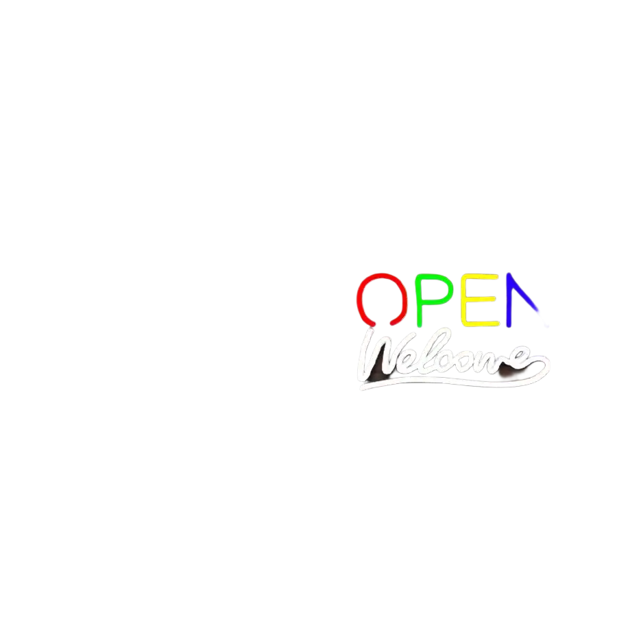 Rainbow neon sign with bold open and scripted welcome on glass window usb powered for storefront display