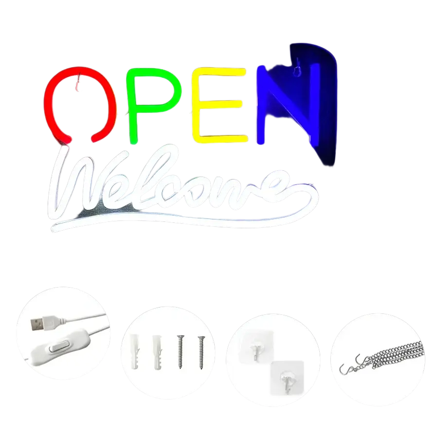 Rainbow open welcome neon sign in red green yellow and blue usb powered with white cursive welcome and mounting hardware