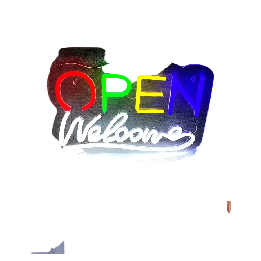 A colorful usb powered neon sign displaying open in red green and blue with white cursive welcome on a dark surface