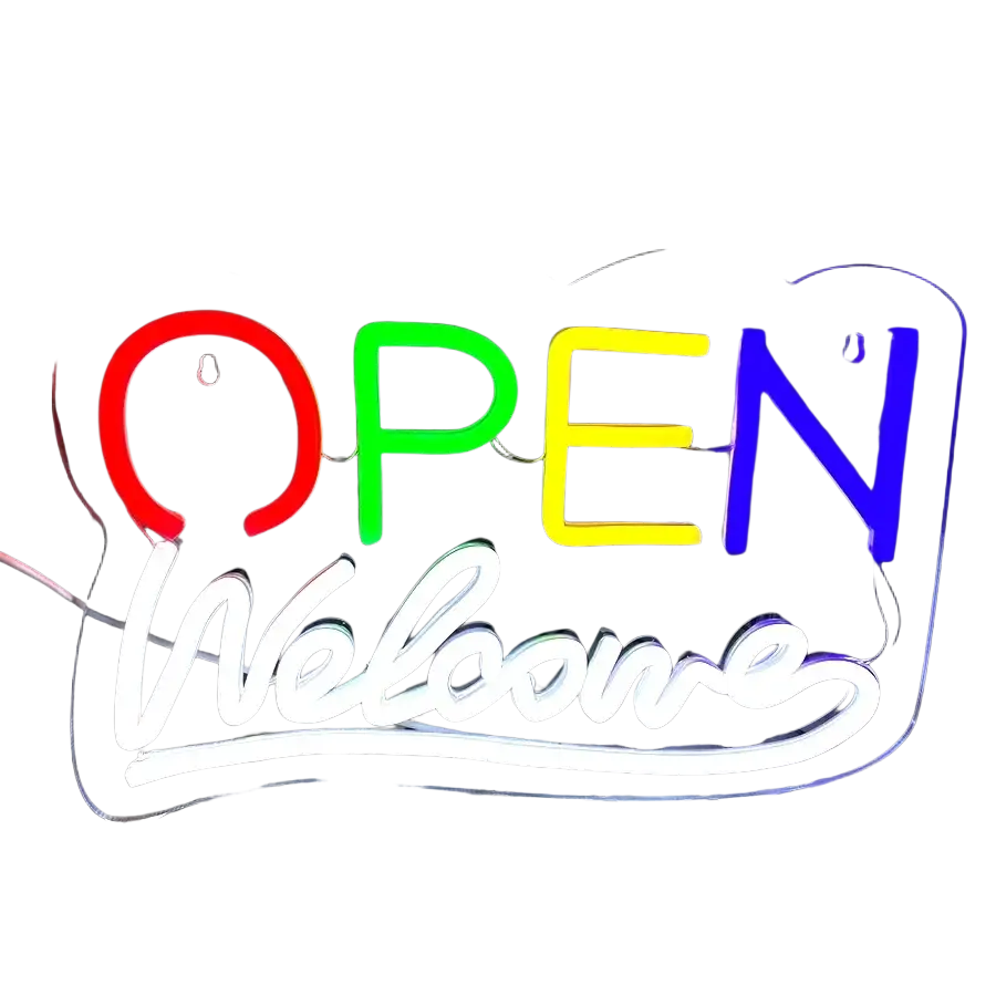 A vibrant usb powered neon sign with rainbow colored open letters and white cursive welcome against a dark background