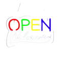 A vibrant rainbow-colored usb powered neon sign with open in multicolor and welcome in white cursive script