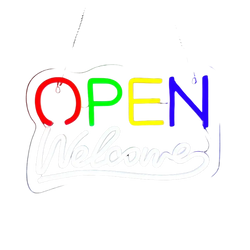 A vibrant rainbow-colored usb powered neon sign with open in multicolor and welcome in white cursive script