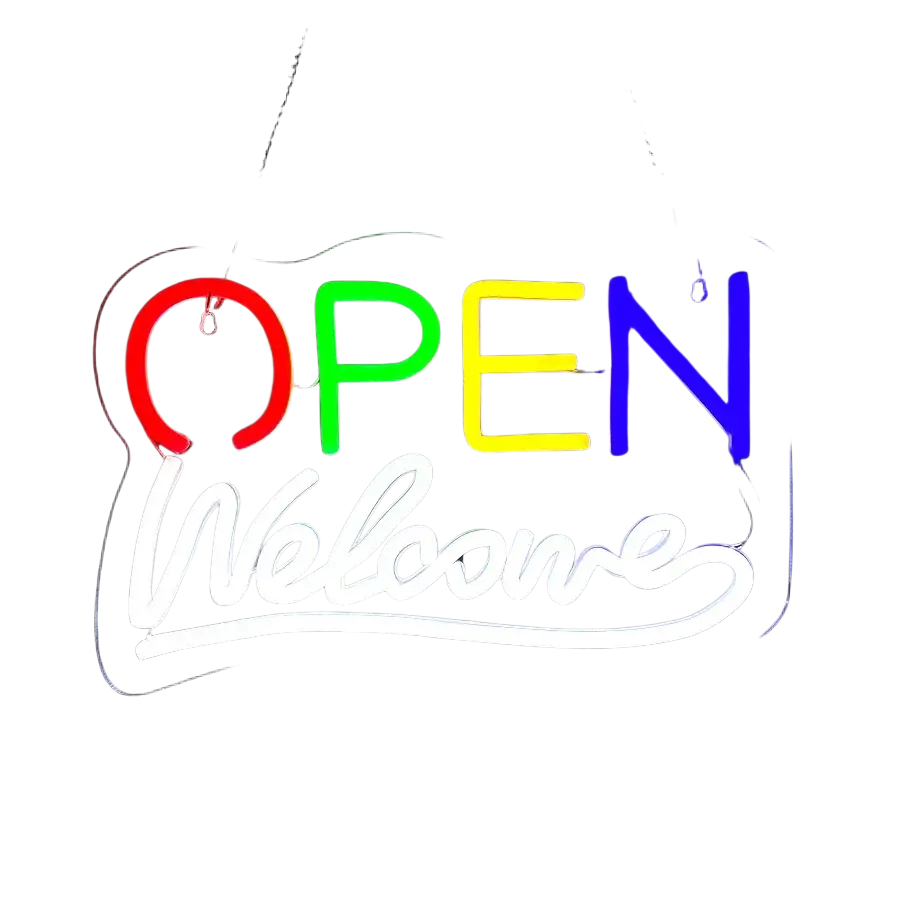 A vibrant rainbow-colored usb powered neon sign with open in multicolor and welcome in white cursive script
