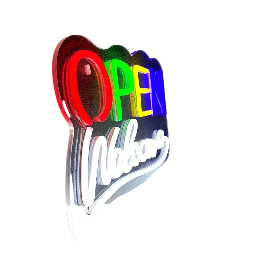 A vibrant rainbow-colored usb powered neon sign shaped like a cloud with bold open and nakano script below