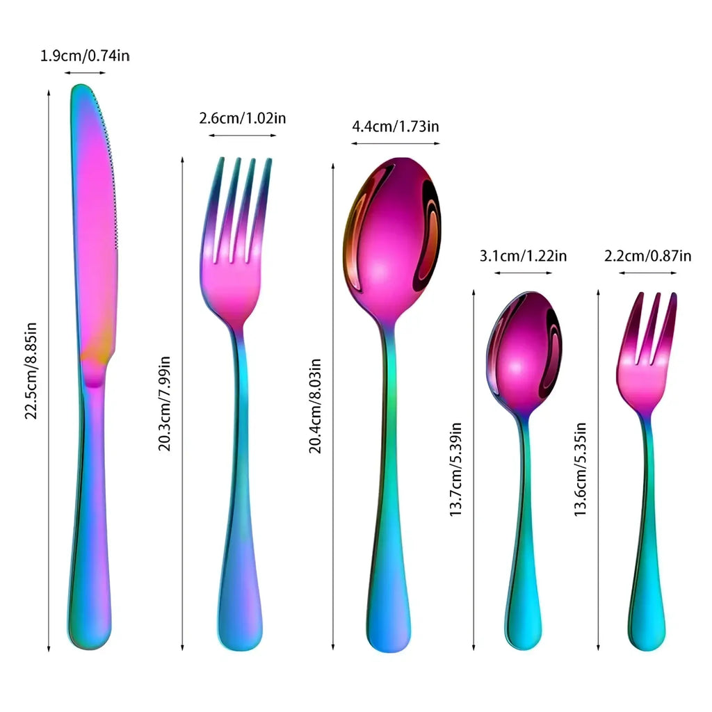 Rainbow stainless steel 30-piece cutlery set with rainbow-gradient knife fork and spoon in assorted sizes