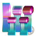 Rainbow stainless steel 30-piece cutlery set with iridescent gradient finish transitioning from pink to teal