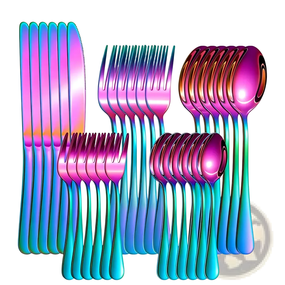 Rainbow stainless steel 30-piece cutlery set with iridescent gradient finish transitioning from pink to teal