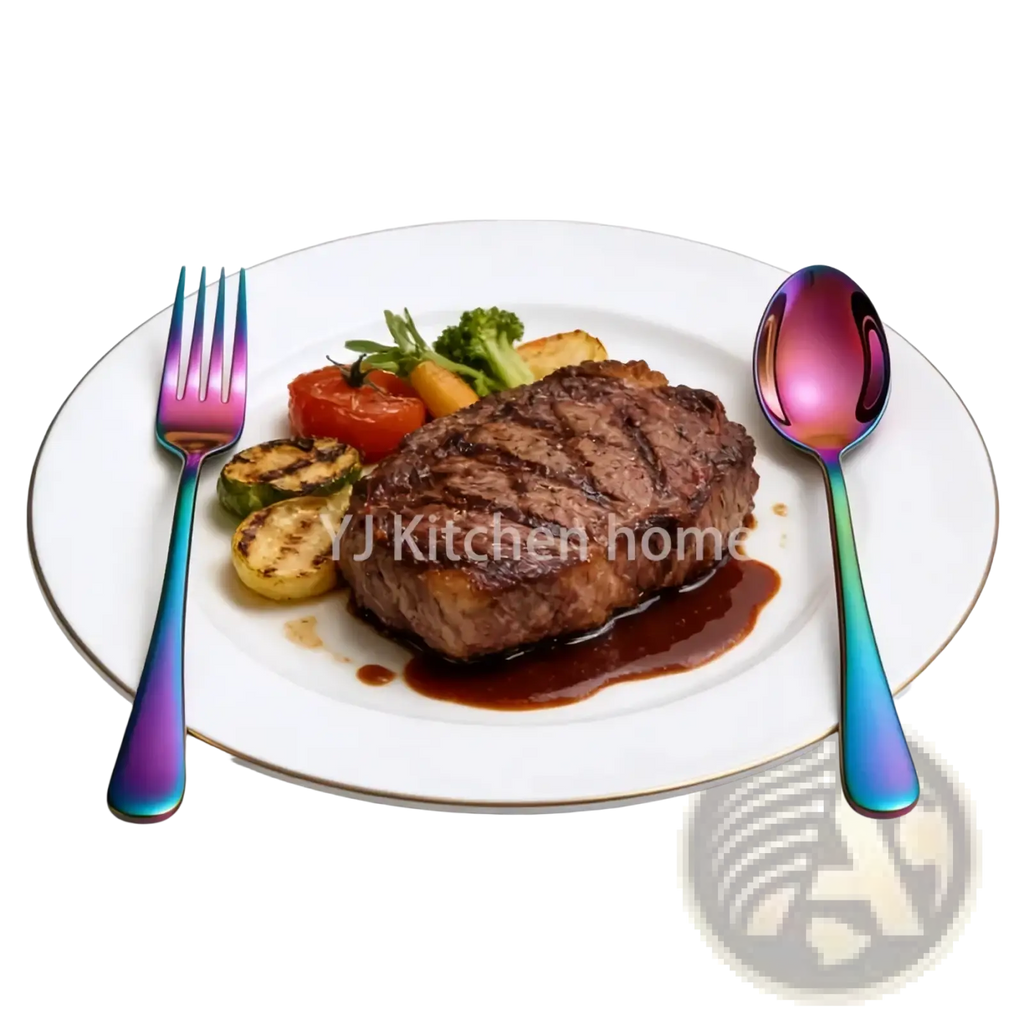 Iridescent rainbow-finished stainless steel fork and spoon from a rainbow stainless steel 30-piece cutlery set