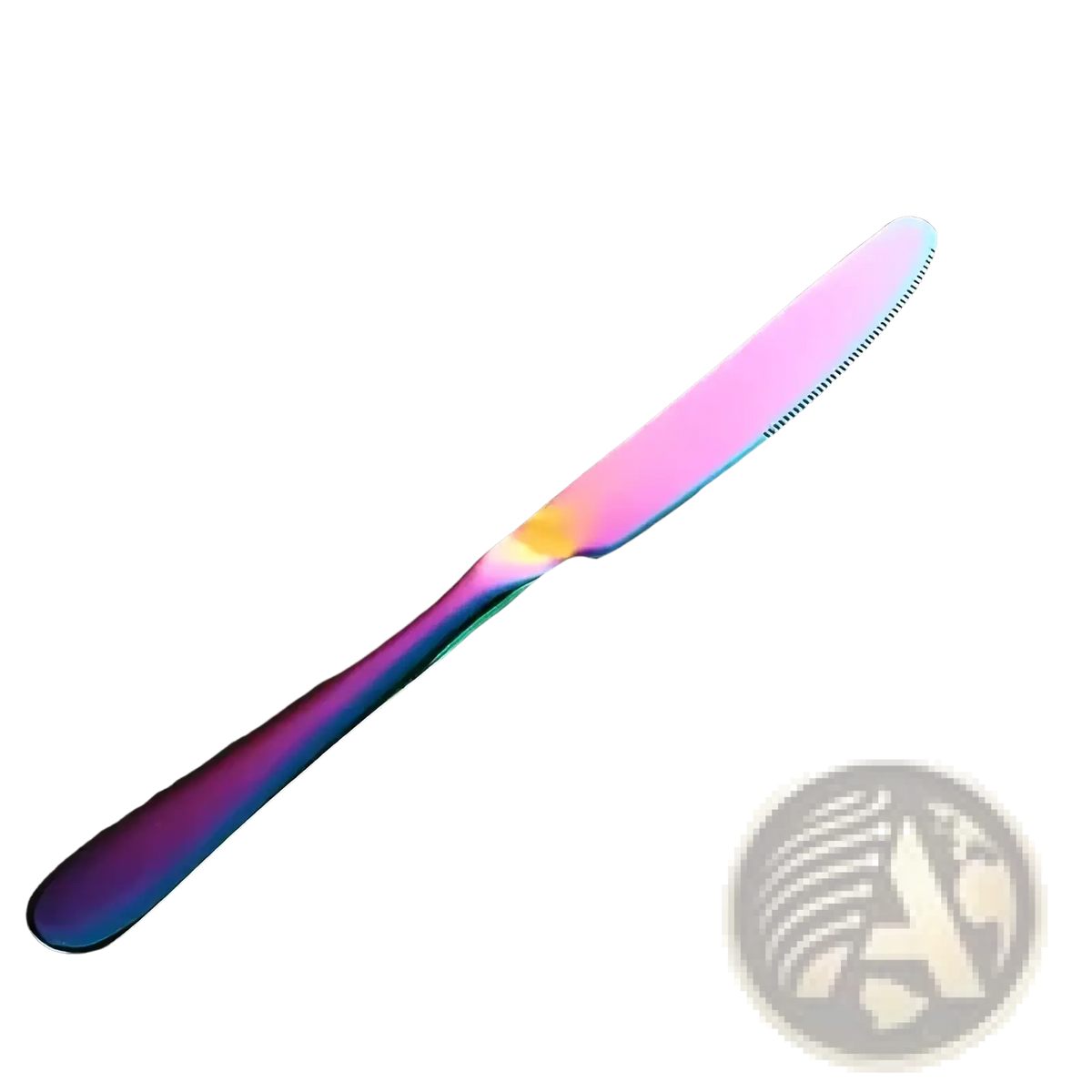 Iridescent stainless steel dinner knife with sleek rainbow-colored blade and handle from rainbow stainless steel 30-piece cutlery set