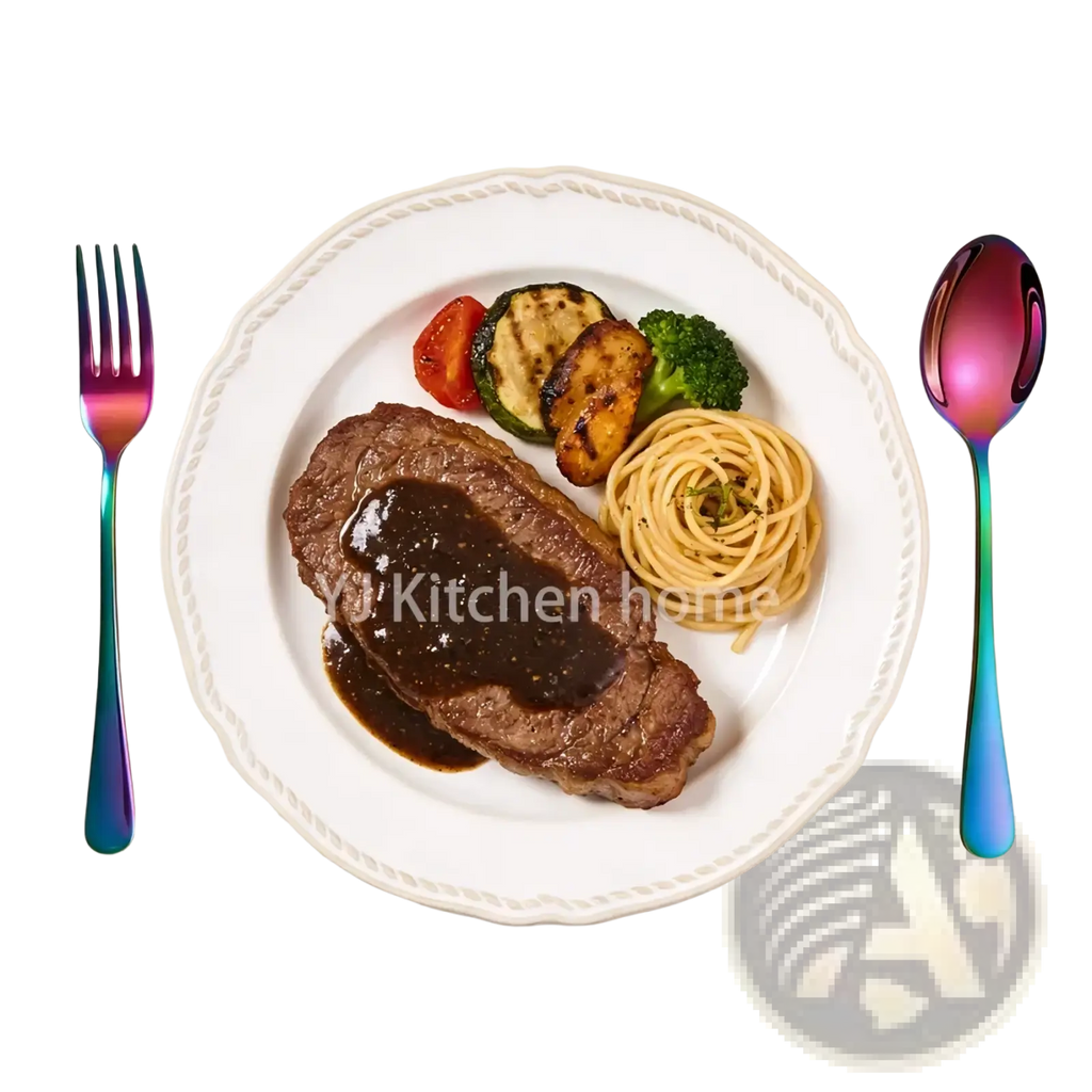 White ceramic plate with scalloped edge holding steak and vegetables alongside rainbow stainless steel 30-piece cutlery set