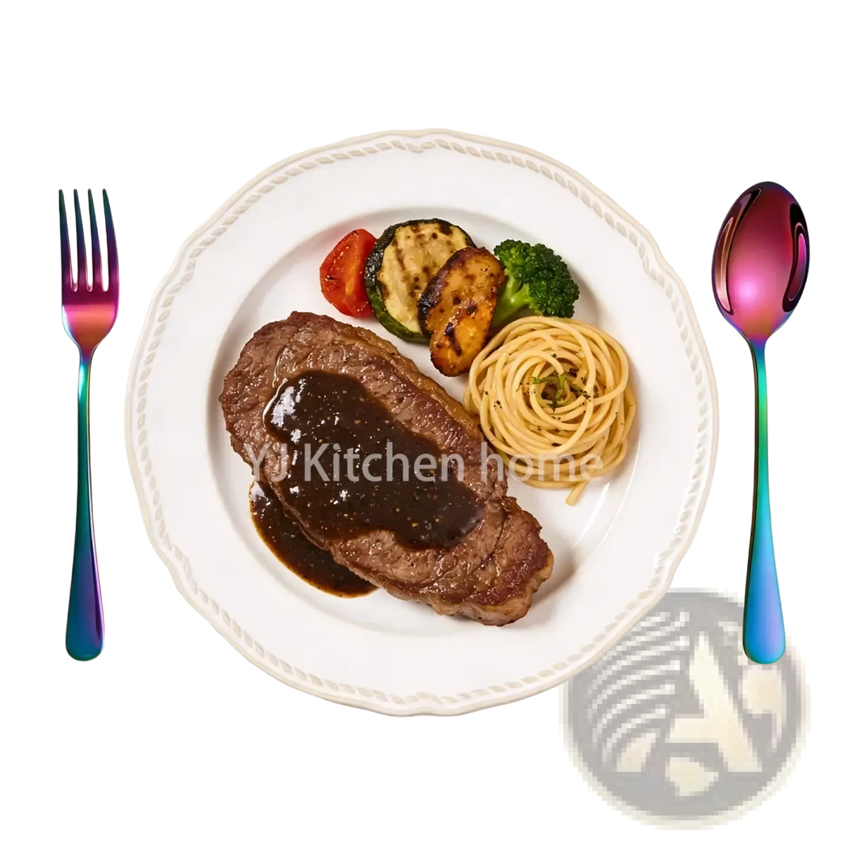 White ceramic plate with scalloped edge holding steak and vegetables alongside rainbow stainless steel 30-piece cutlery set