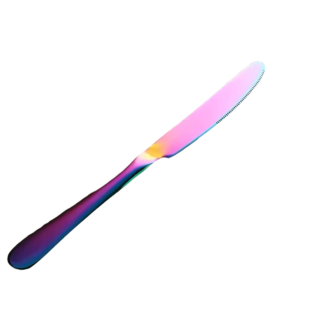 Iridescent stainless steel dinner knife with sleek rainbow-colored blade and handle from rainbow stainless steel 30-piece cutlery set
