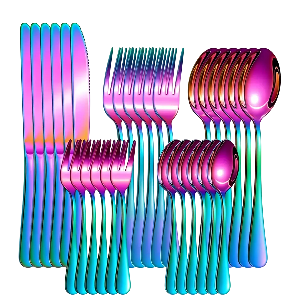 Rainbow stainless steel 30-piece cutlery set with iridescent gradient finish transitioning from pink to teal