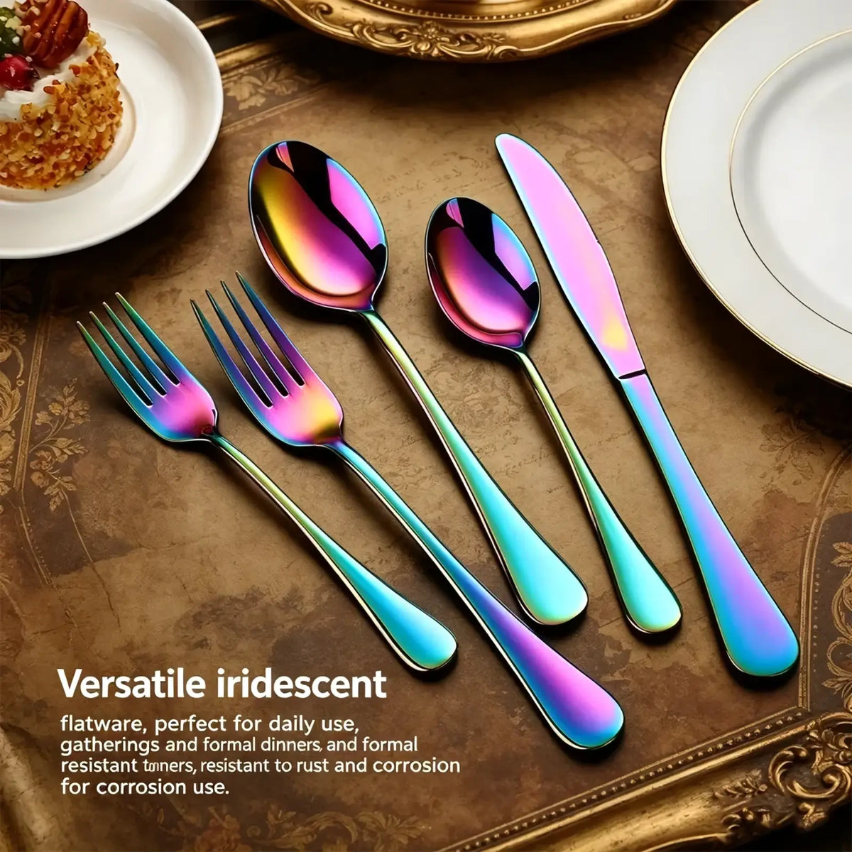 Iridescent stainless steel 30-piece flatware set with a vibrant rainbow finish for elegant dining use