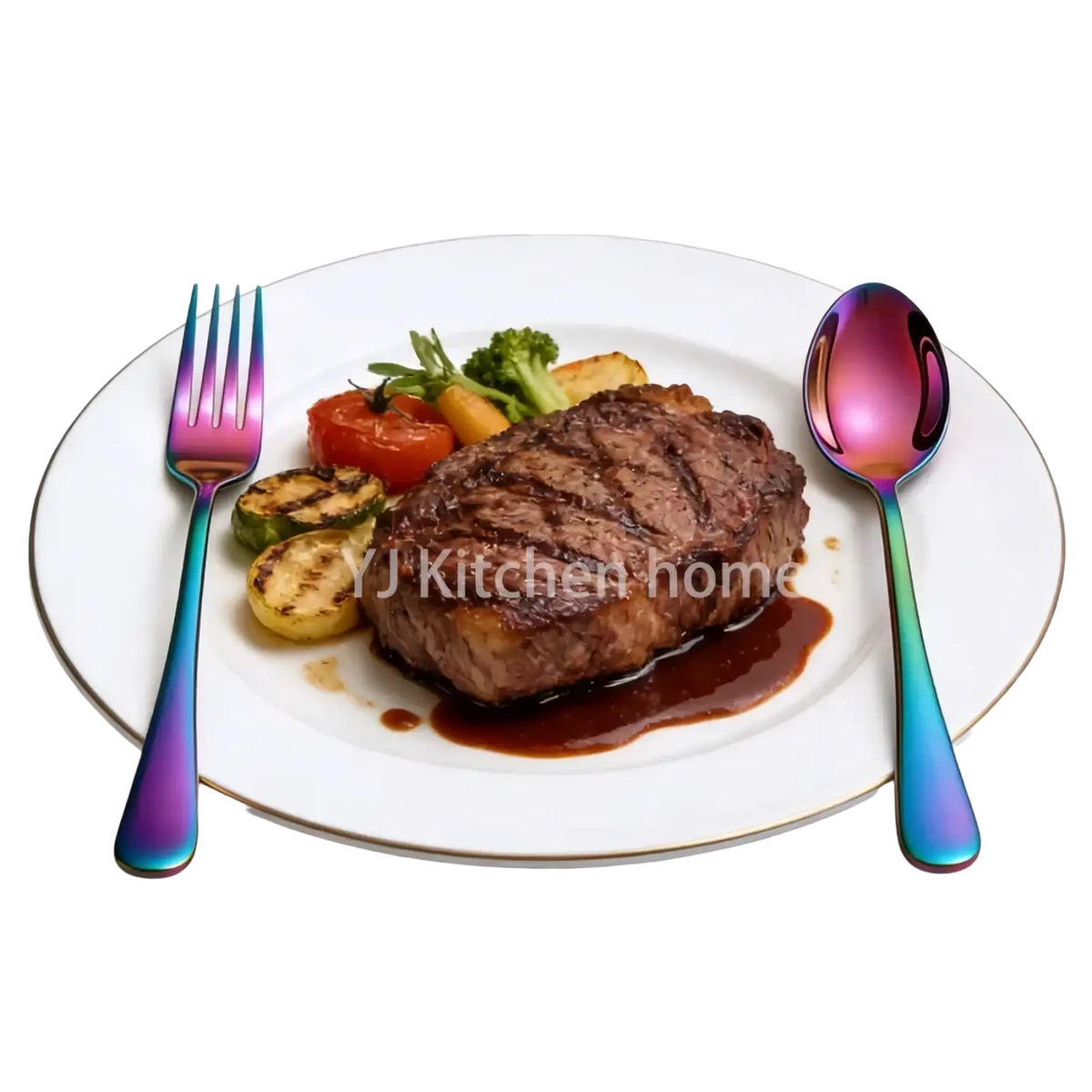 Iridescent rainbow-finished stainless steel fork and spoon from a rainbow stainless steel 30-piece cutlery set