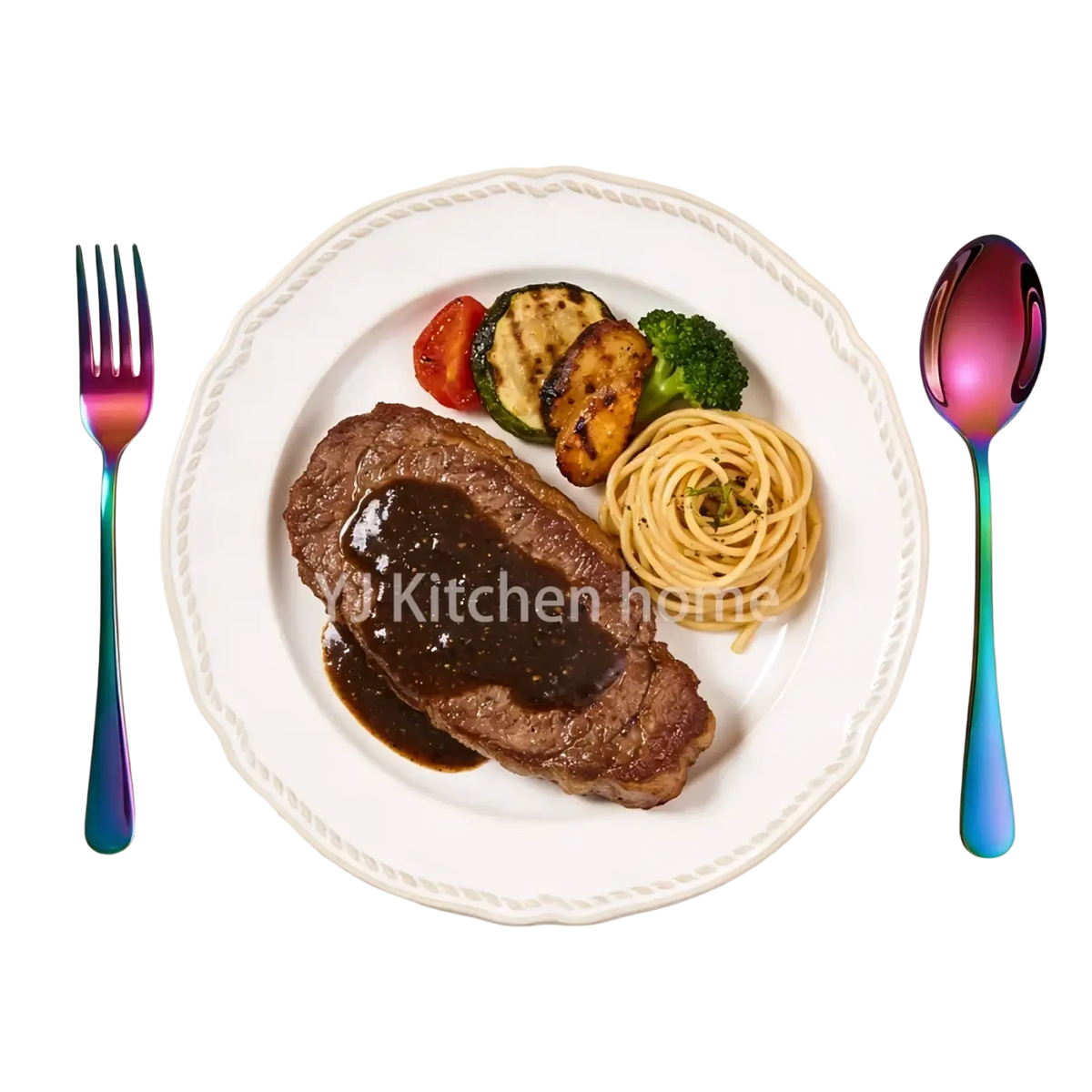 White ceramic plate with scalloped edge holding steak and vegetables alongside rainbow stainless steel 30-piece cutlery set