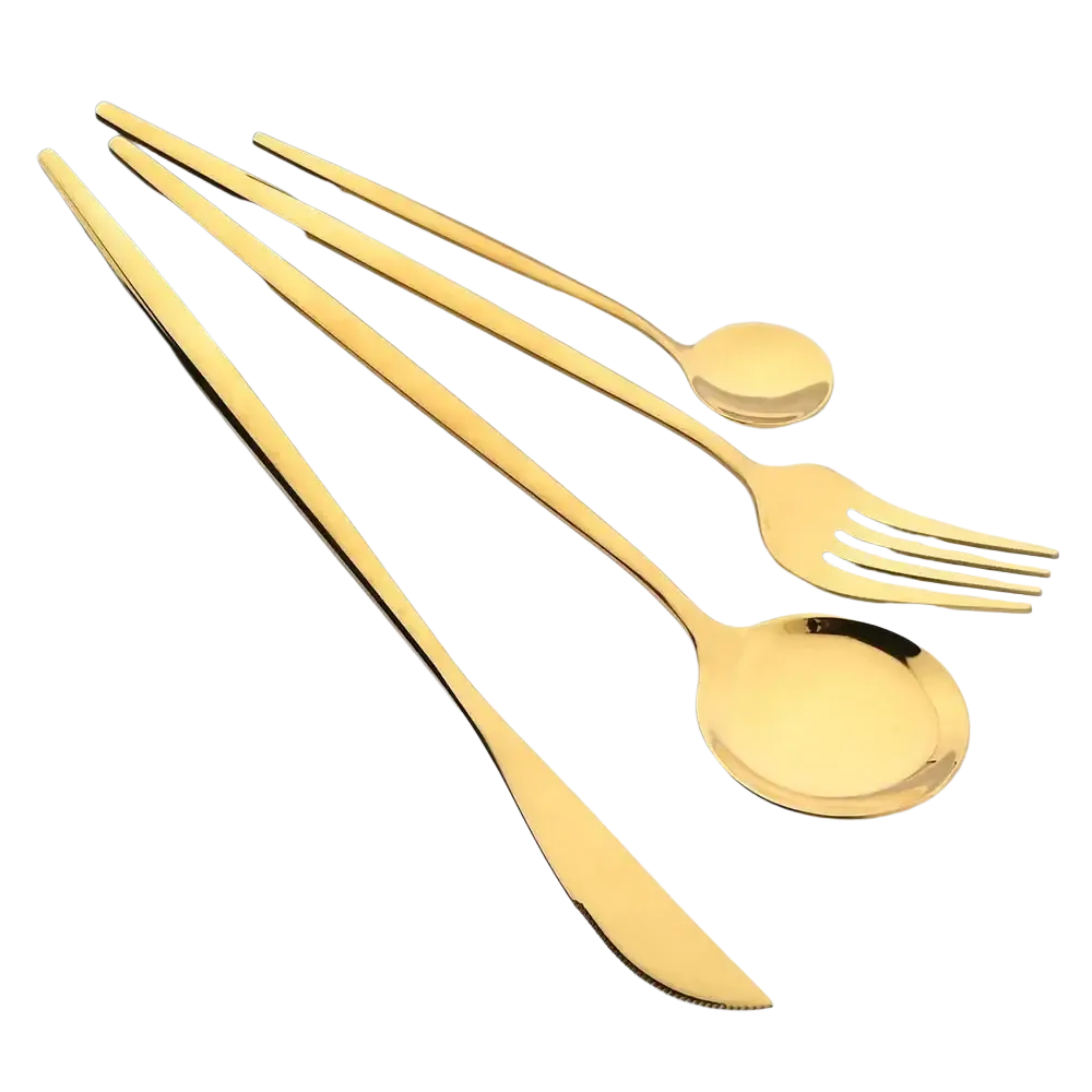 Golden stainless steel dessert forks set with sleek modern design featuring long handles and polished surfaces