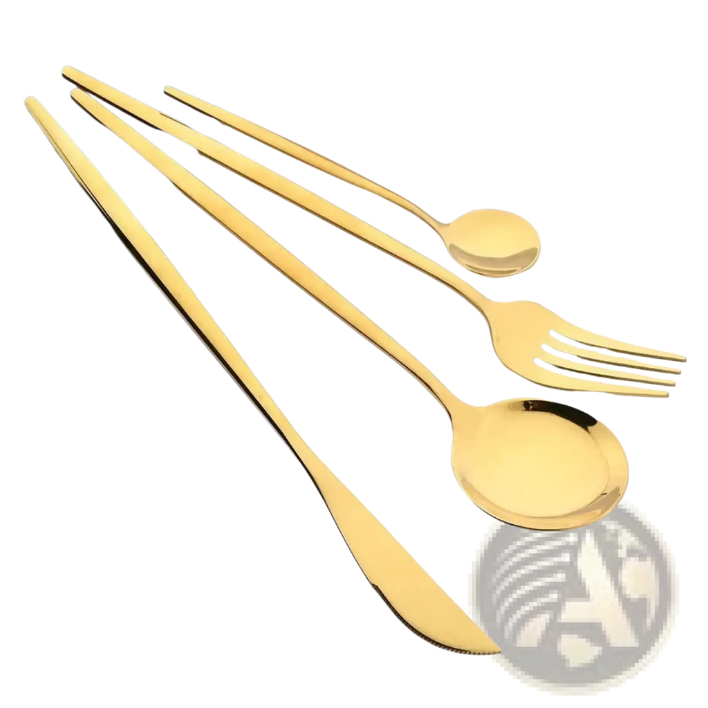 Golden stainless steel dessert forks set with sleek modern design featuring long handles and polished surfaces