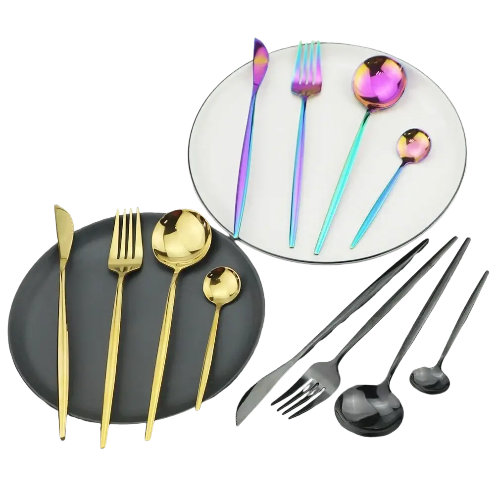 Rainbow stainless steel dessert forks set featuring iridescent finish with gold and black matte accents