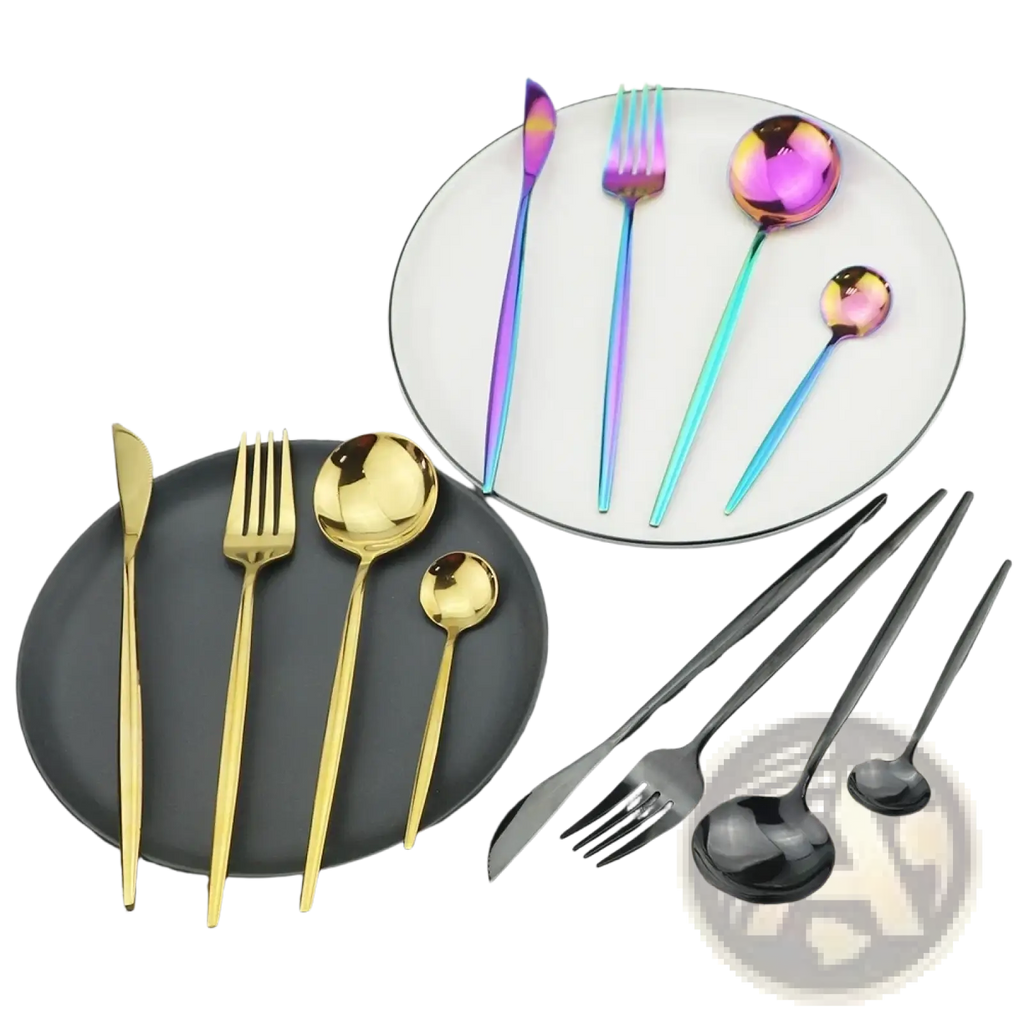 Rainbow stainless steel dessert forks set featuring iridescent finish with gold and black matte accents
