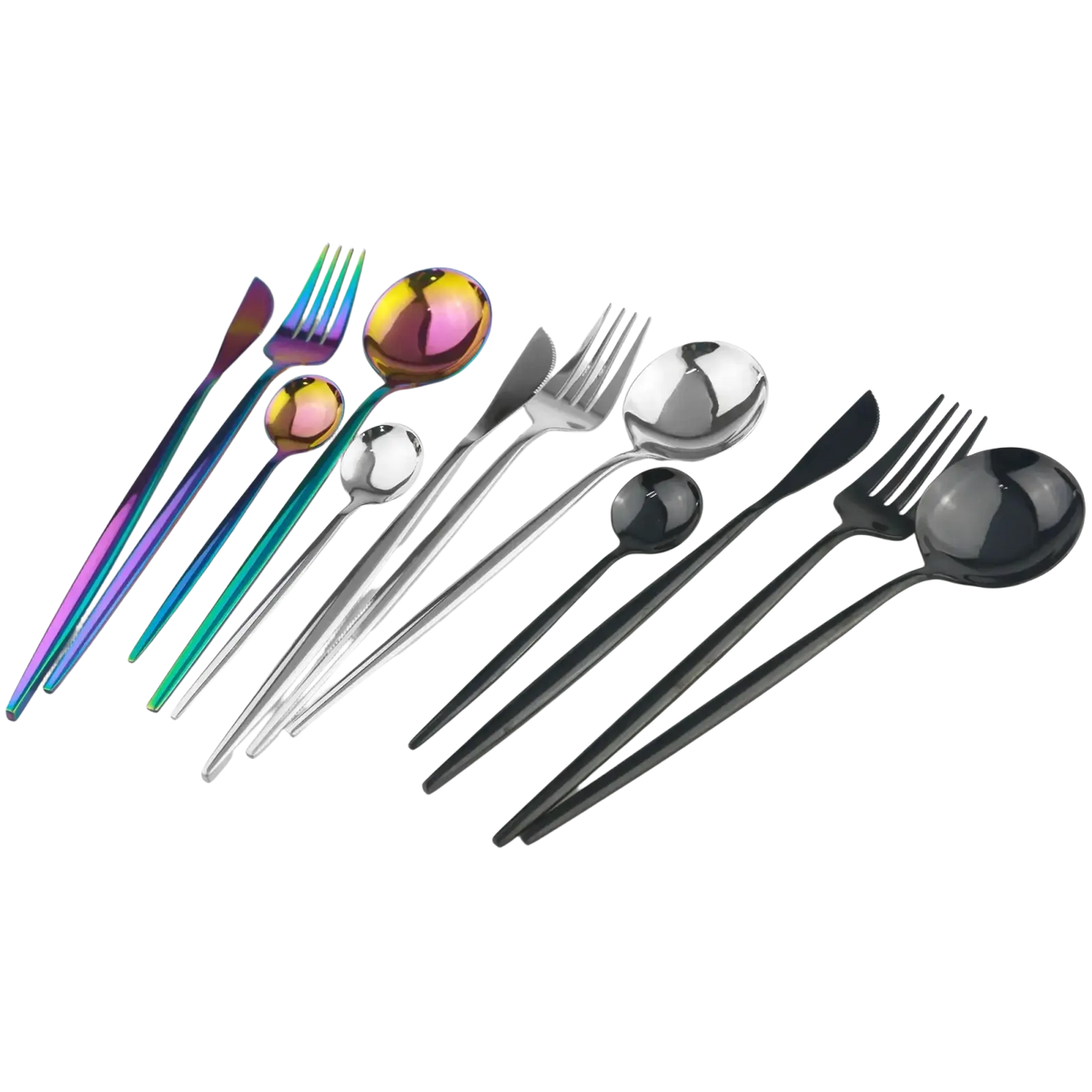 Set of modern stainless steel dessert forks with iridescent rainbow handles and sleek black, silver, and matte finishes