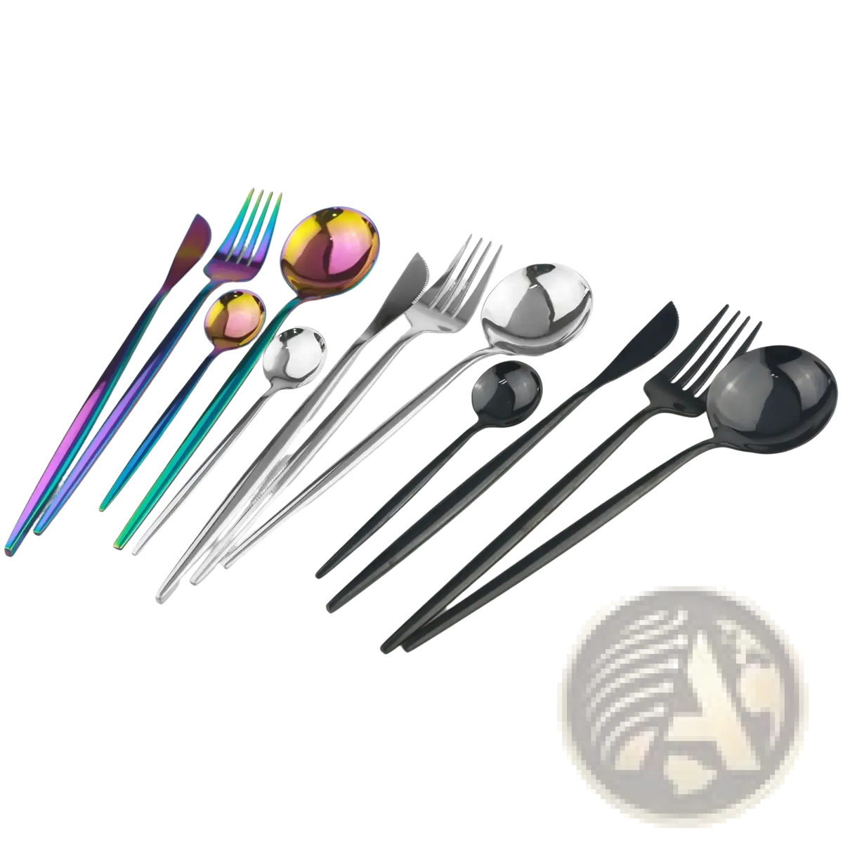 Set of modern stainless steel dessert forks with iridescent rainbow handles and sleek black, silver, and matte finishes
