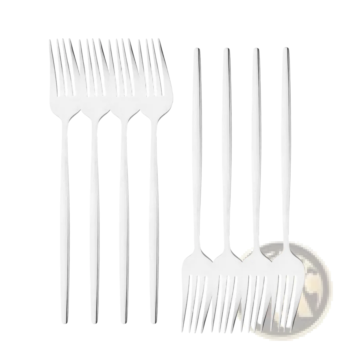 Set of six sleek rainbow stainless steel dessert forks with polished finish and minimalist design