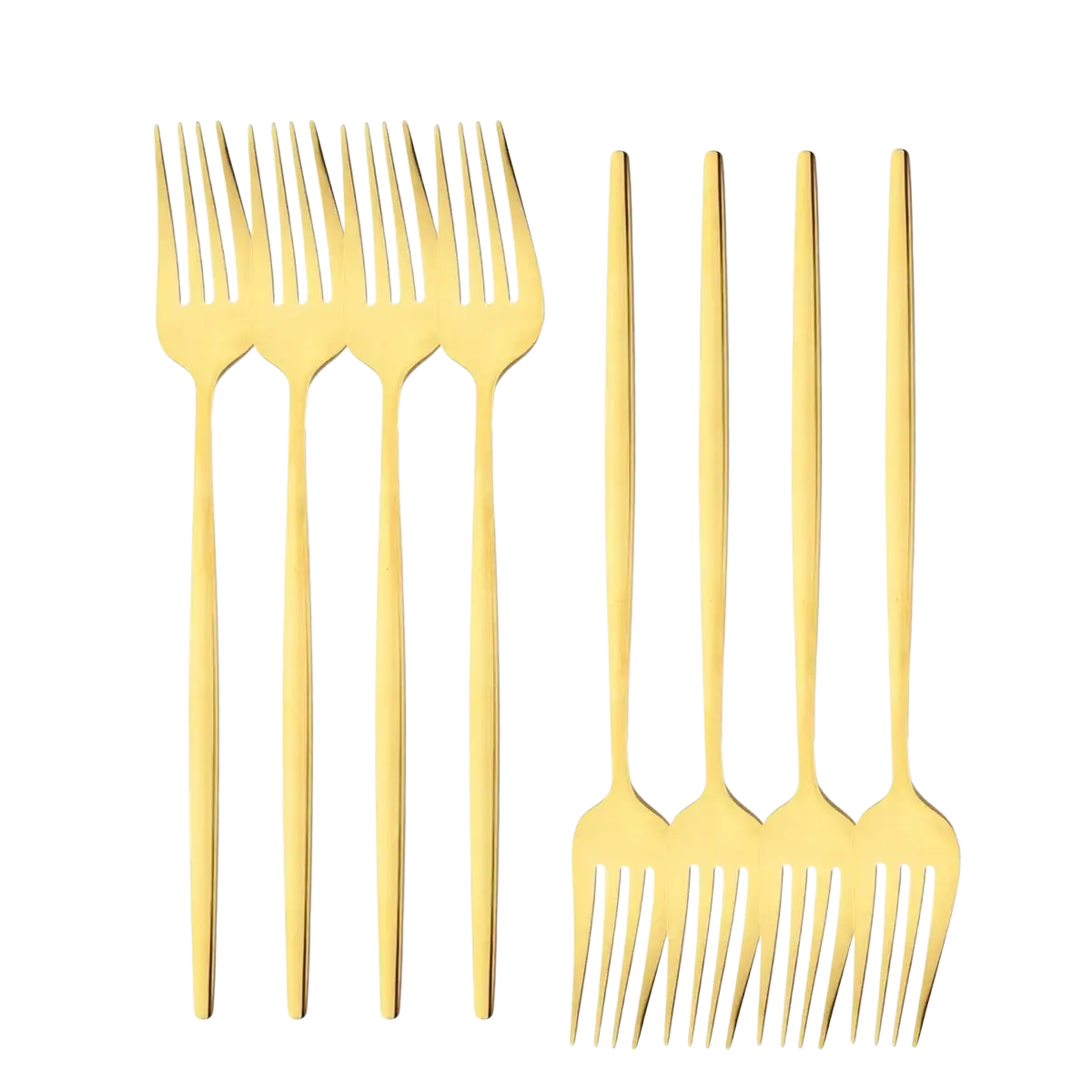 Set of six sleek gold-toned stainless steel dessert forks with a modern minimalist design from Rainbow Stainless Steel